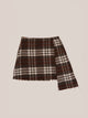Women's brown plaid mini skirt with high waist and fringed hem