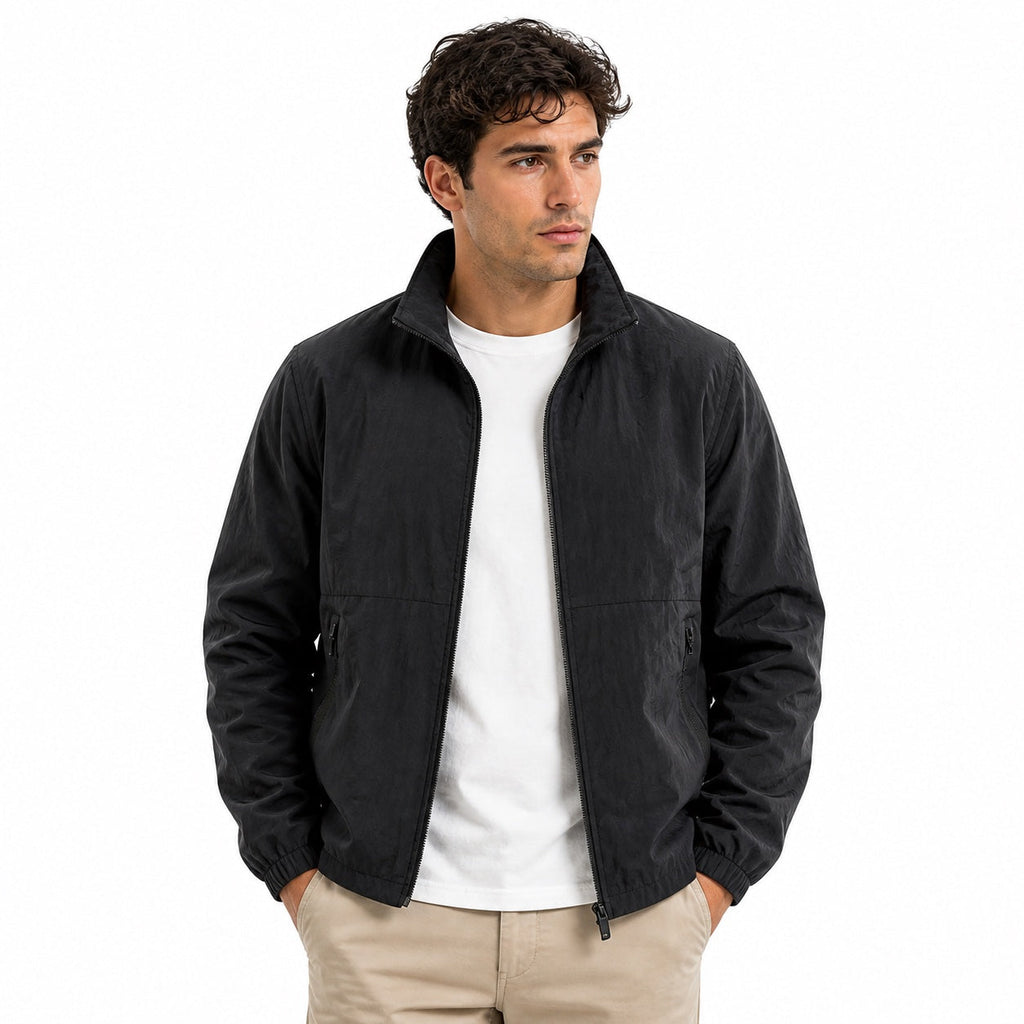 Men's plain windbreaker jacket with stand collar, full zip and zipped pockets