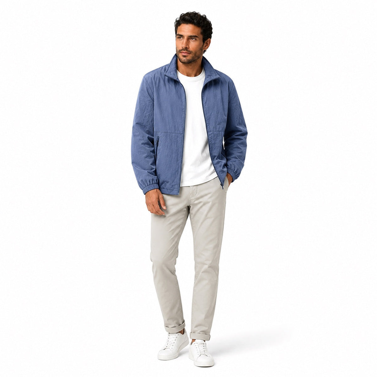 Men's plain windbreaker jacket with stand collar, full zip and zipped pockets
