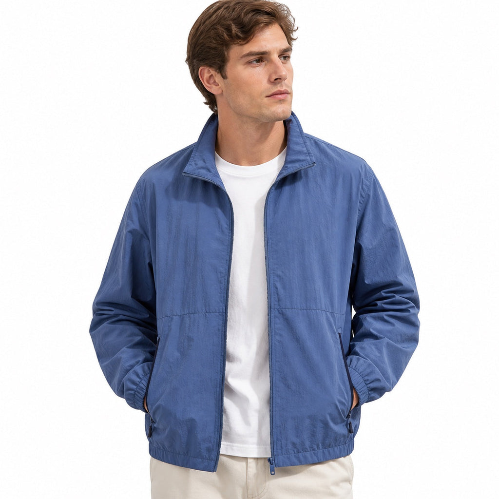 Men's plain windbreaker jacket with stand collar, full zip and zipped pockets