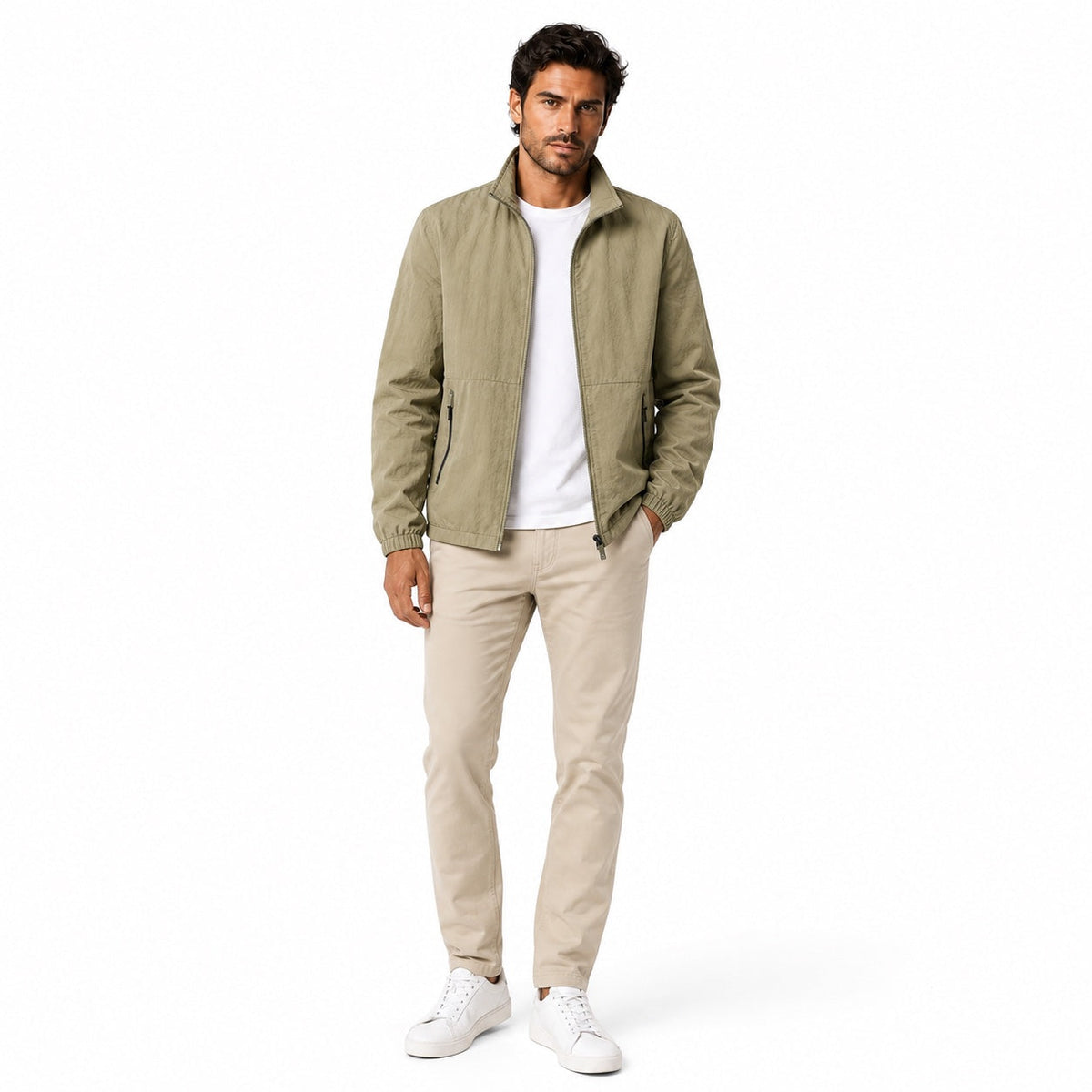Men's plain windbreaker jacket with stand collar, full zip and zipped pockets