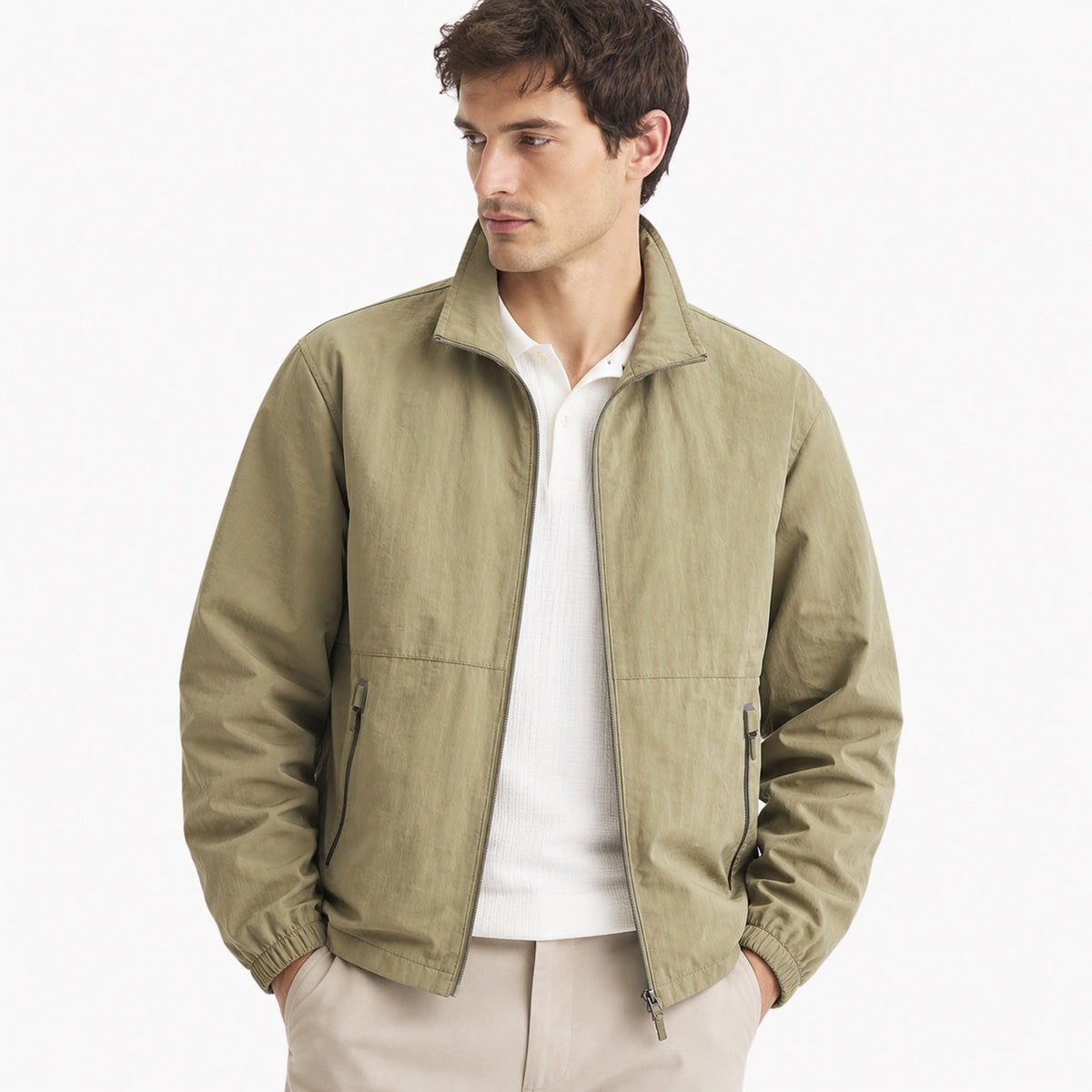Men's plain windbreaker jacket with stand collar, full zip and zipped pockets