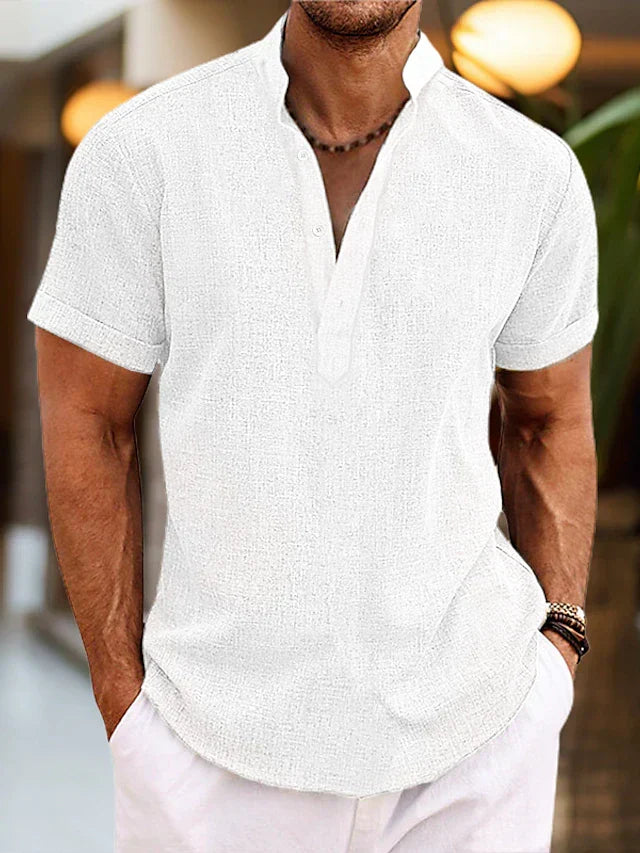 Men's short-sleeve textured Henley shirt with stand collar