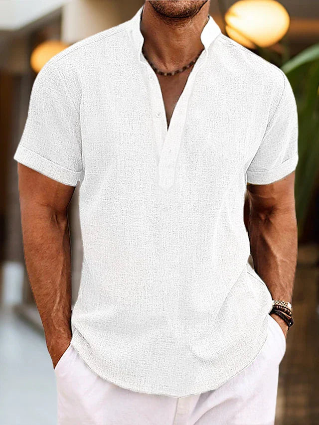 Men's short sleeve Henley shirt with band collar and button placket