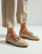 Women's slip-on loafers with gold-tone chain detail and low heel