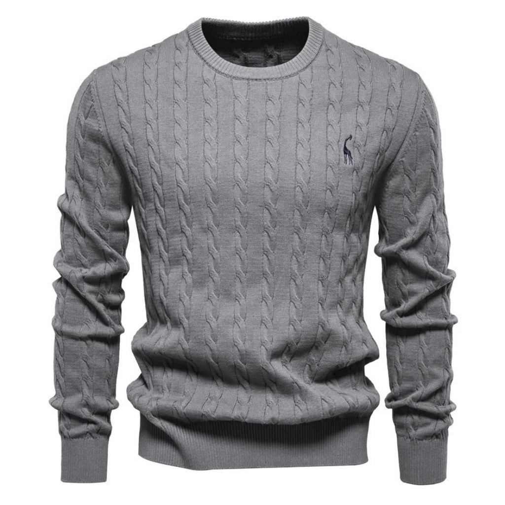 Men's cable-knit jumper with crew neck, long sleeves and chest emblem
