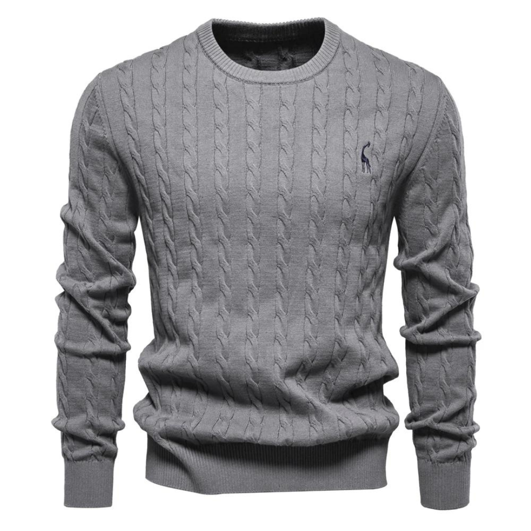 Men's cable-knit jumper with crew neck, long sleeves and chest emblem