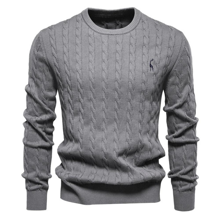Men's cable-knit jumper with crew neck, long sleeves and chest emblem