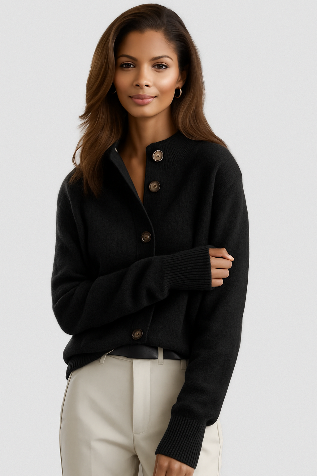 Women's button cardigan with ribbed collar and long sleeves