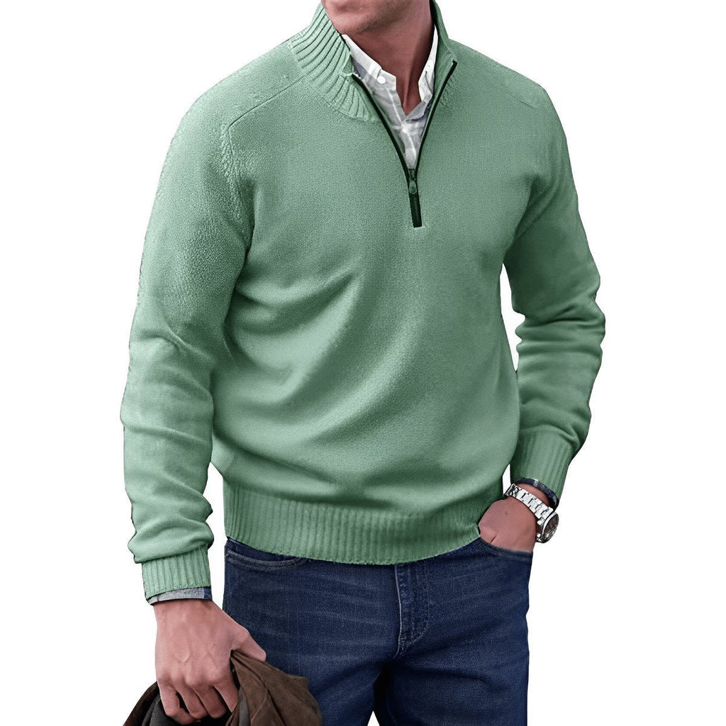 Men's quarter-zip knitted sweater with mock neck and ribbed trims