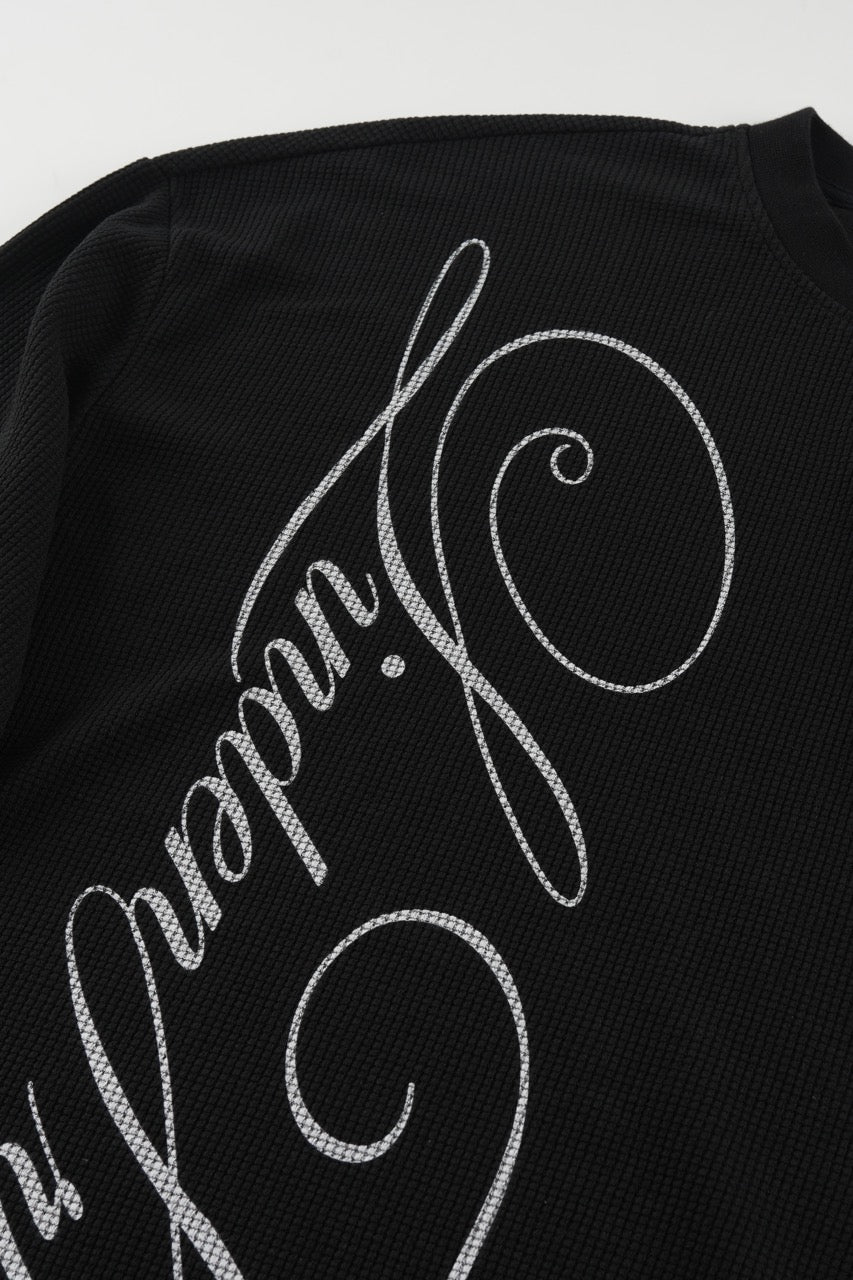 Black men's waffle sweatshirt with vertical script graphic