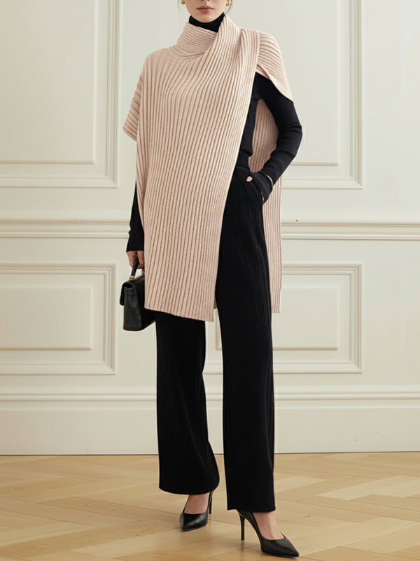 Women's ribbed high neck sweater with an asymmetric split front