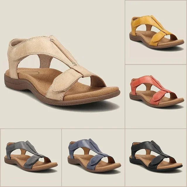 Women's black orthopedic t-strap sandal with adjustable velcro and contoured footbed