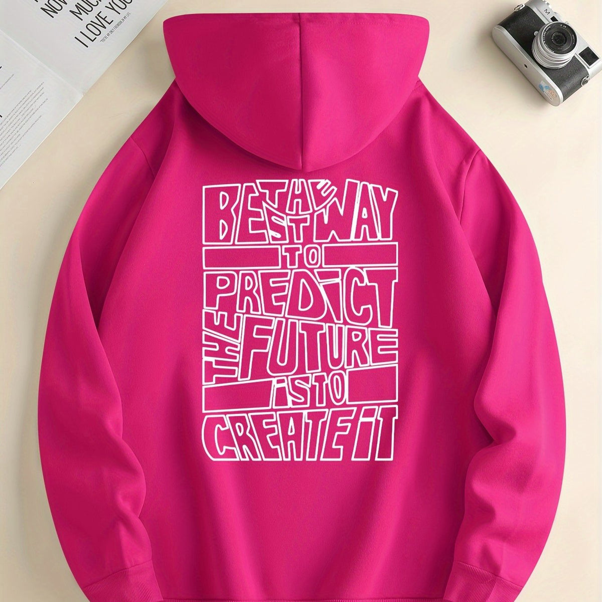 Men's hooded sweatshirt with large outlined text print on the back