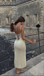 Women's khaki glitter knit maxi dress with scoop neckline and spaghetti straps