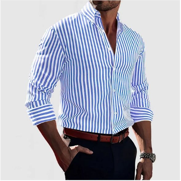 Men's vertical striped shirt with button front and rolled sleeves