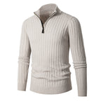 Men's ribbed quarter-zip sweater with stand collar and long sleeves
