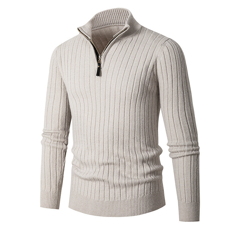 Men's ribbed quarter-zip sweater with stand collar and long sleeves