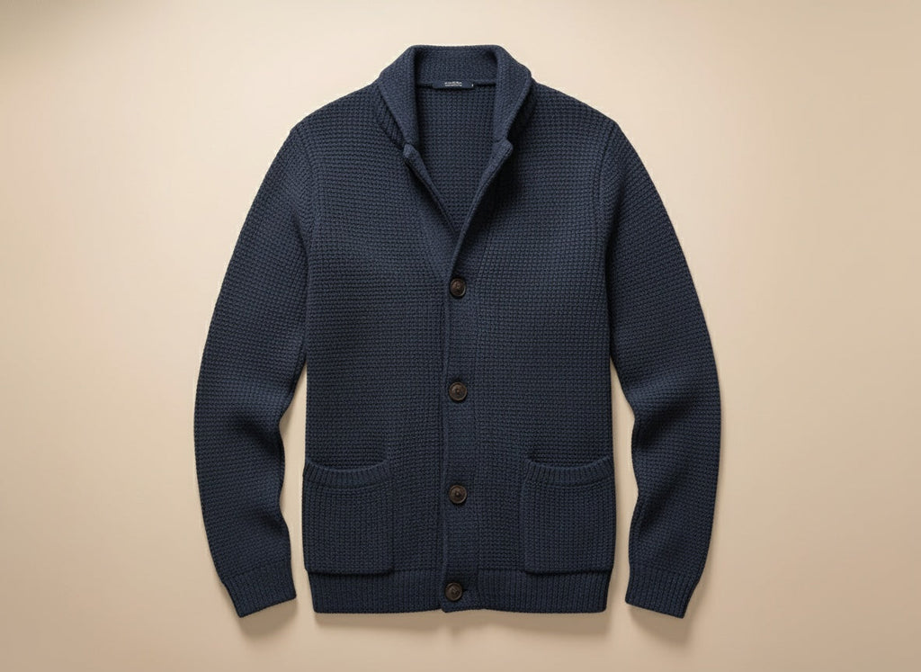Men's textured knitted buttoned cardigan with shawl-style collar and front patch pockets