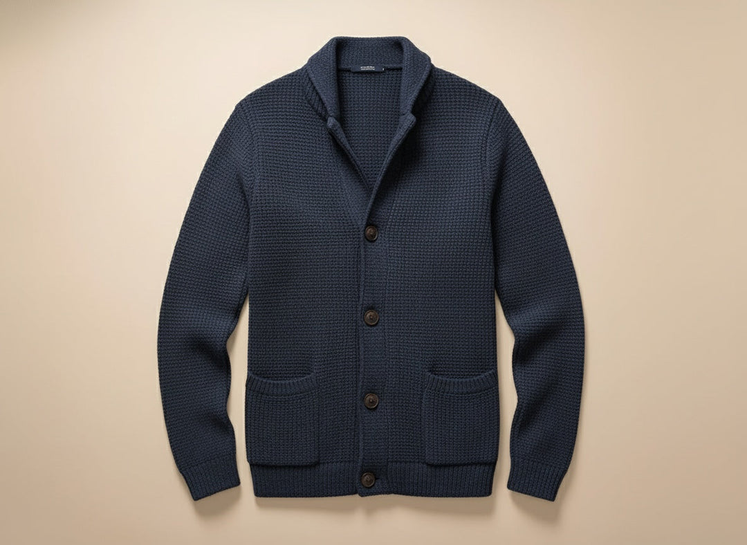 Men's textured knitted buttoned cardigan with shawl-style collar and front patch pockets