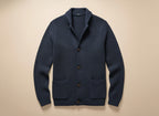 Men's textured knitted buttoned cardigan with shawl-style collar and front patch pockets