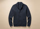 Men's textured knitted buttoned cardigan with shawl-style collar and front patch pockets