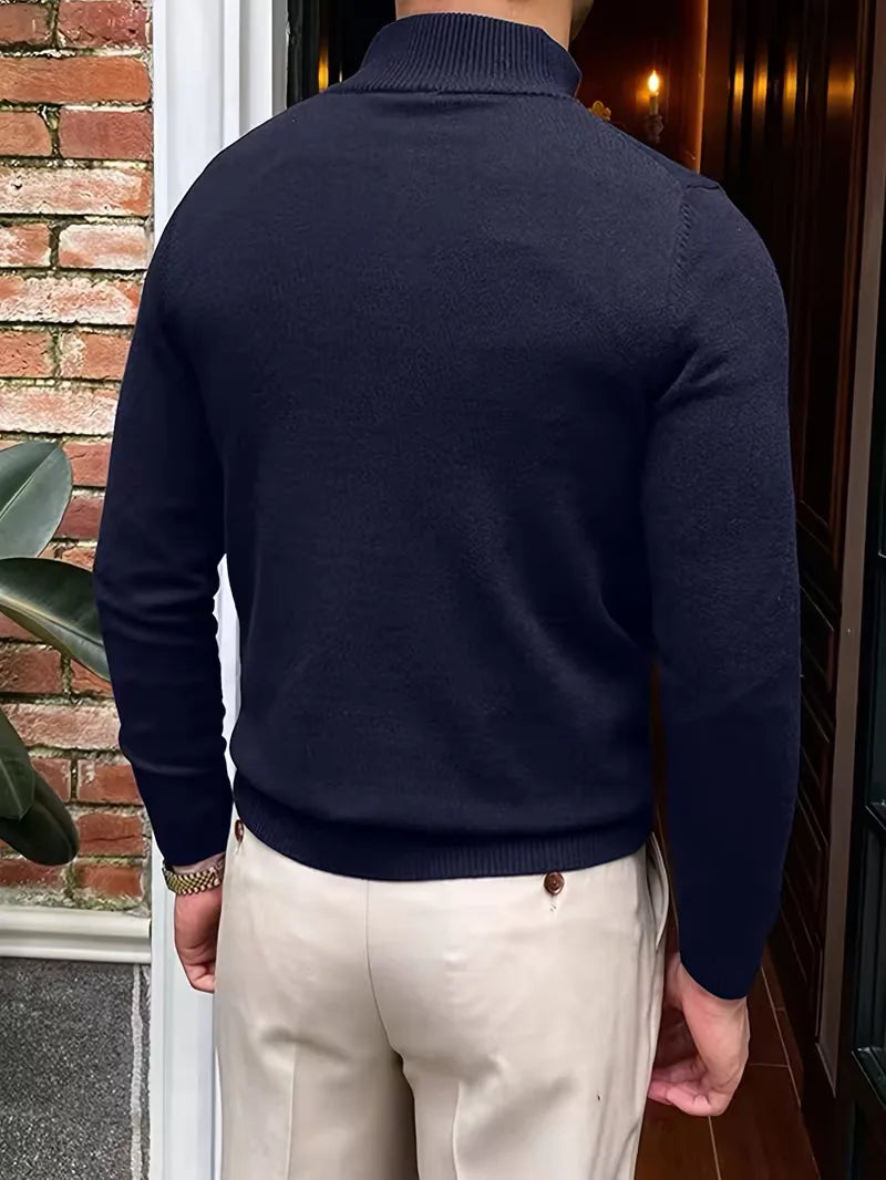 Men's stand-collar half-zip sweater with long sleeves and ribbed trims