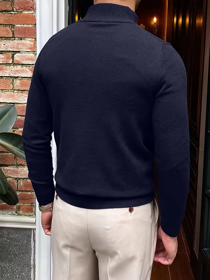 Men's stand-collar half-zip sweater with long sleeves and ribbed trims