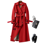 Women's long belted trench coat with double-breasted buttons, lapels and cuff straps