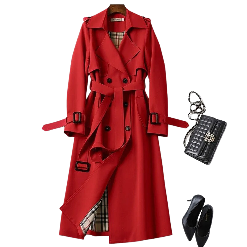 Women's long belted trench coat with double-breasted buttons, lapels and cuff straps
