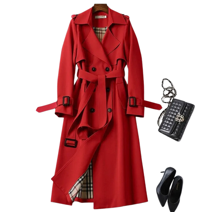 Women's long belted trench coat with double-breasted buttons, lapels and cuff straps