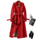 Women's long belted trench coat with double-breasted buttons, lapels and cuff straps
