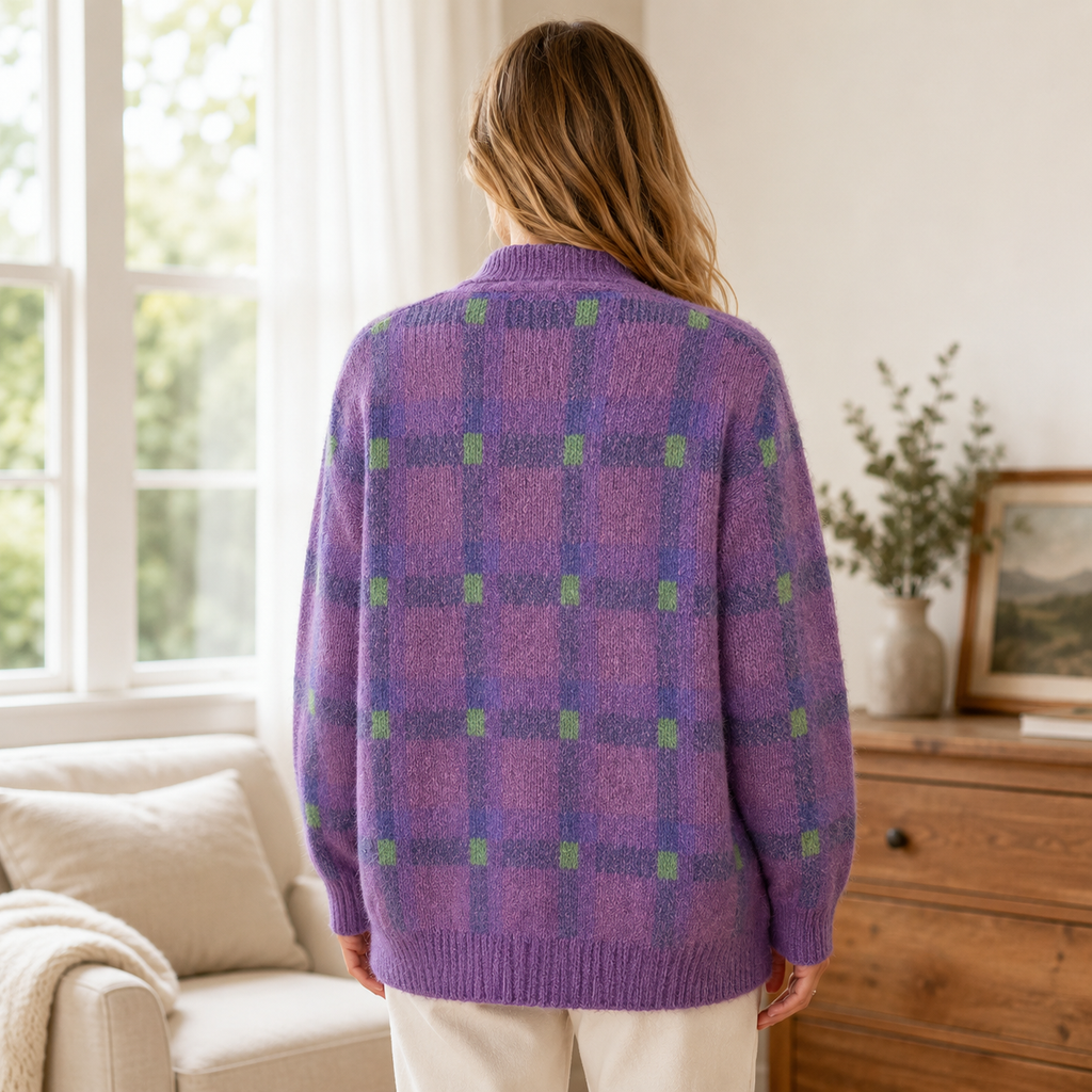 Women's oversized plaid cardigan with pointed collar, button front and long sleeves