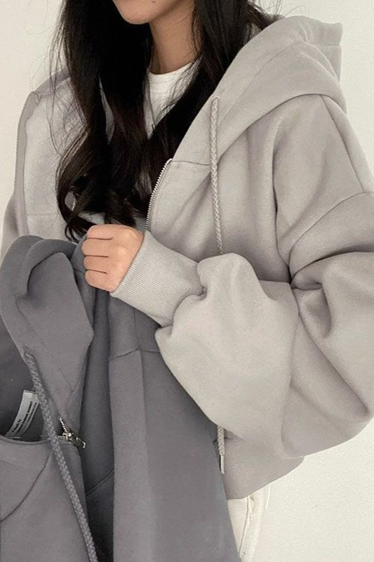 Women's oversized cropped zip hoodie with hood and long sleeves