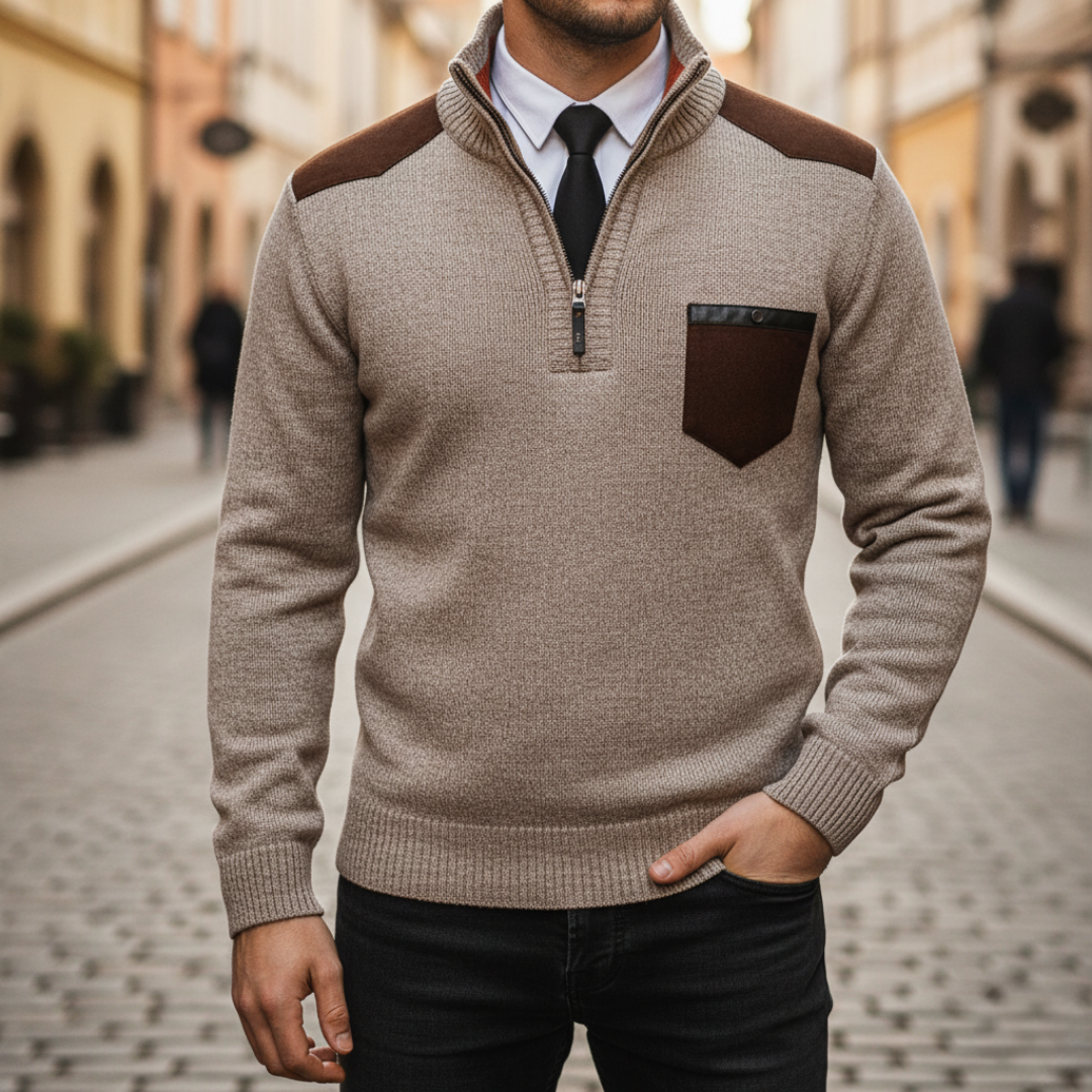 Men's half-zip sweater with stand collar, contrast shoulder panels and chest pocket