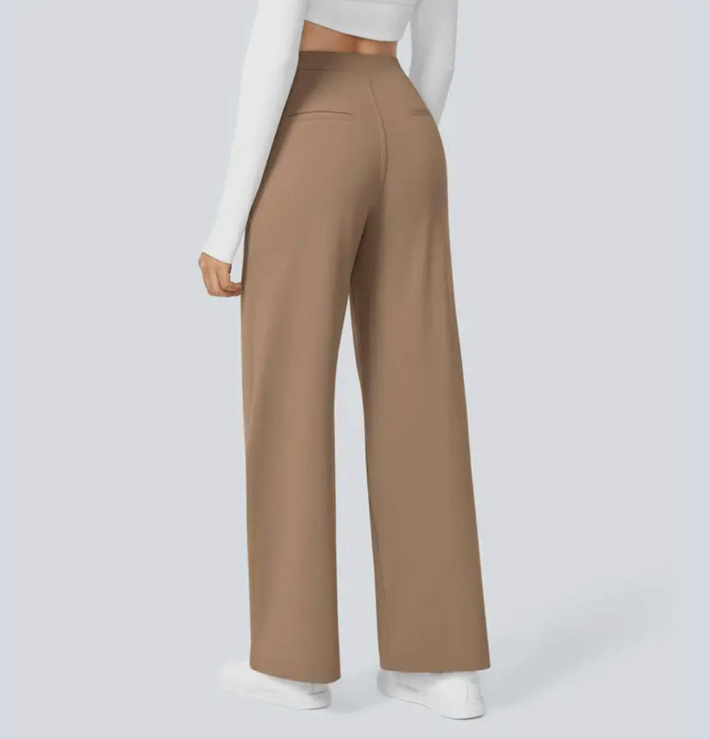 Women's high-waisted wide-leg trousers shown in multiple colours