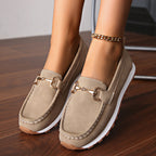 Women's flat loafers with moc toe stitching and metal buckle detail