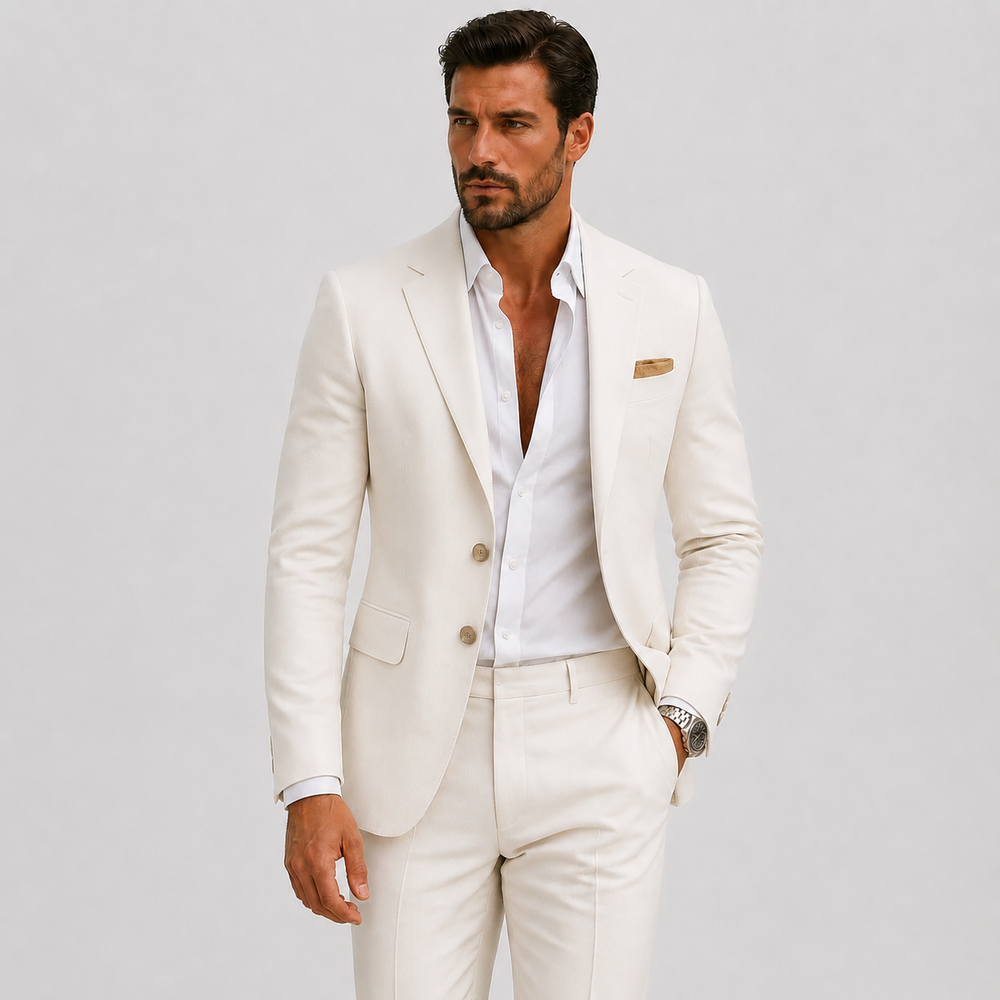 Men's tailored two-piece suit with notched lapels and matching trousers
