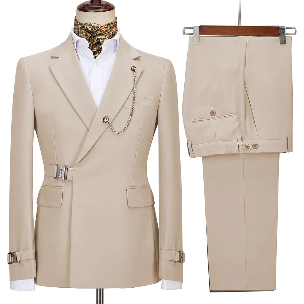 Men's two-piece suit with notched lapels, chain detail, buckle accents and matching trousers