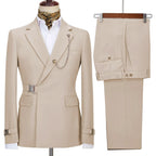 Men's two-piece suit with notched lapels, chain detail, buckle accents and matching trousers