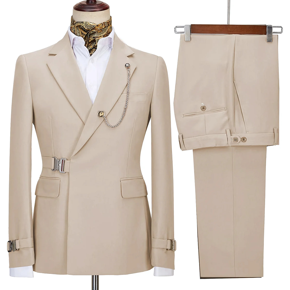 Men's two-piece suit with notched lapels, chain detail, buckle accents and matching trousers