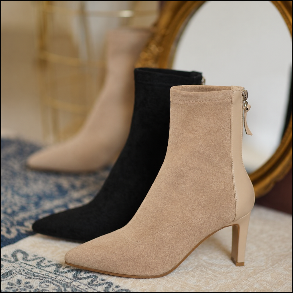 Women's pointed toe ankle boots with high heels and side zips