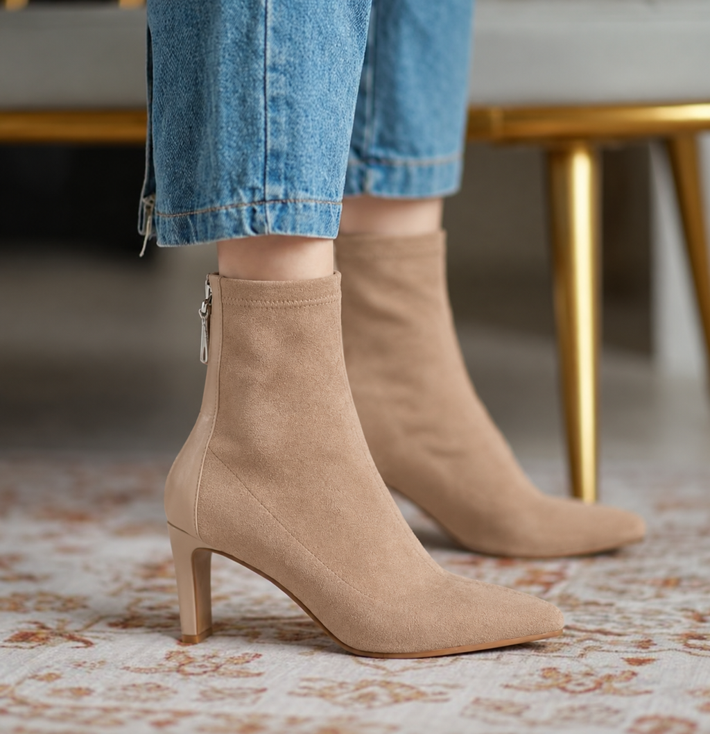 Women's pointed toe ankle boots with high heels and side zips