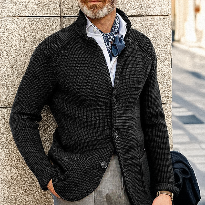 Men's textured knit button cardigan with stand collar