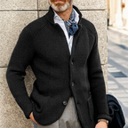 Men's textured knit button cardigan with stand collar