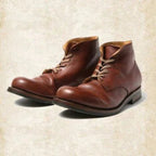 Black and brown retro lace-up ankle boots with round toes and low heels
