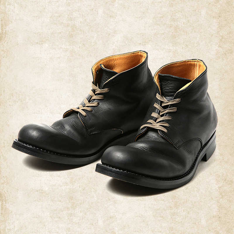Black and brown retro lace-up ankle boots with round toes and low heels
