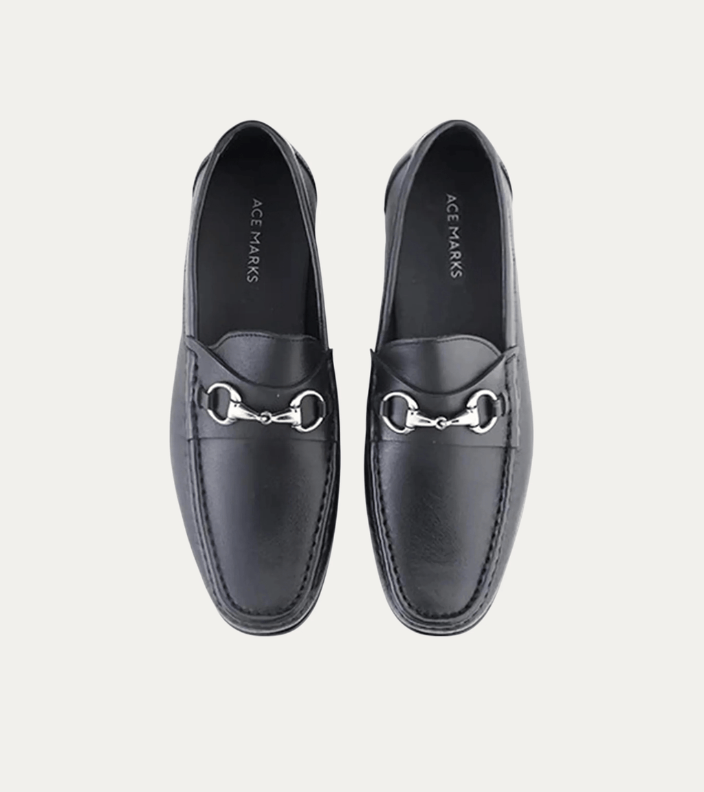 Men's black leather moccasin loafers with silver metal bit