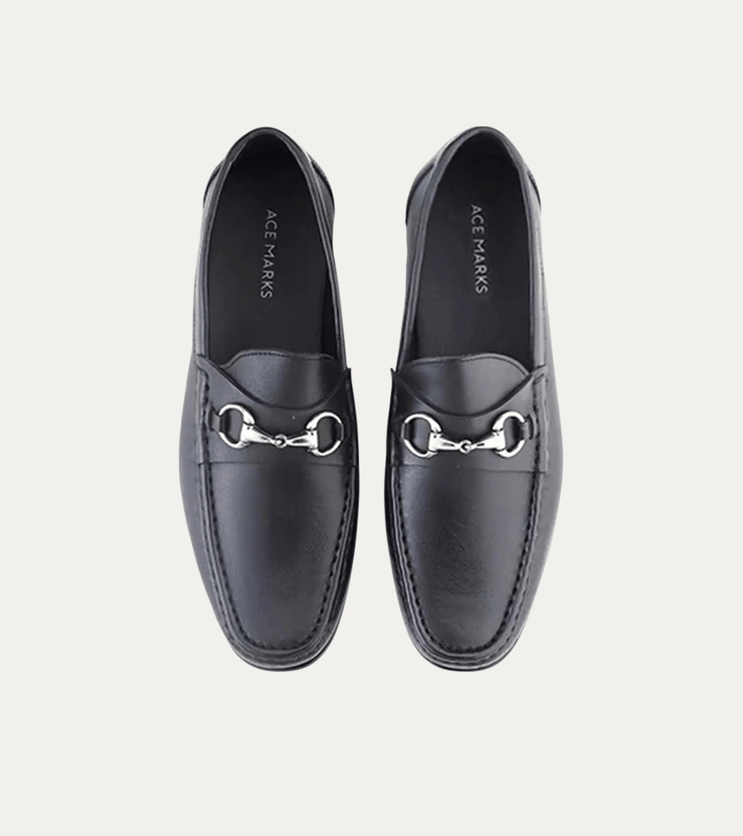 Men's black leather moccasin loafers with silver metal bit