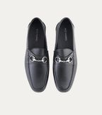 Men's black leather moccasin loafers with silver metal bit